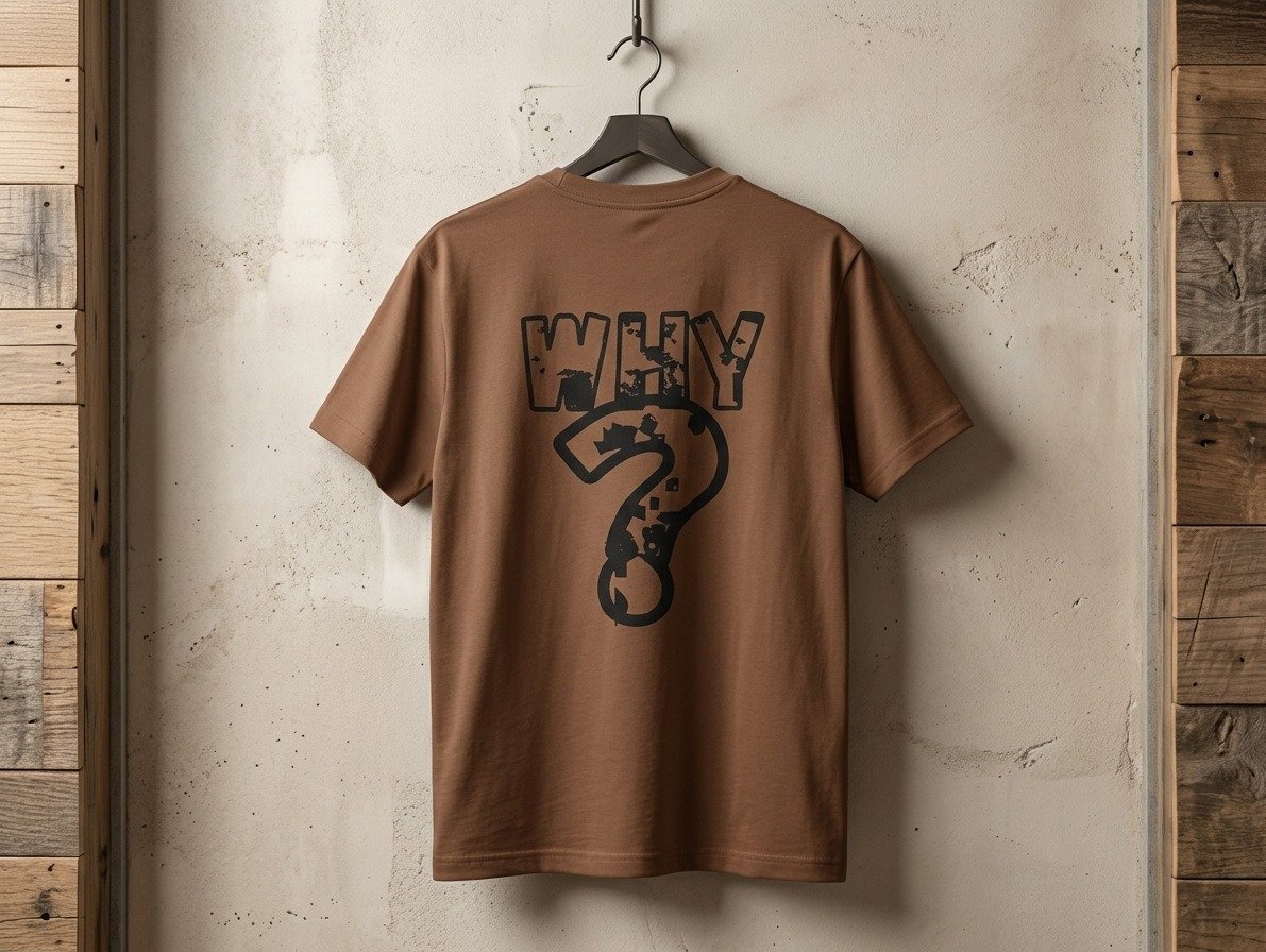 UNISEX - WHY?" Question Mark Graphic Oversized Drop Shoulder T-Shirt – Brown - Image 2